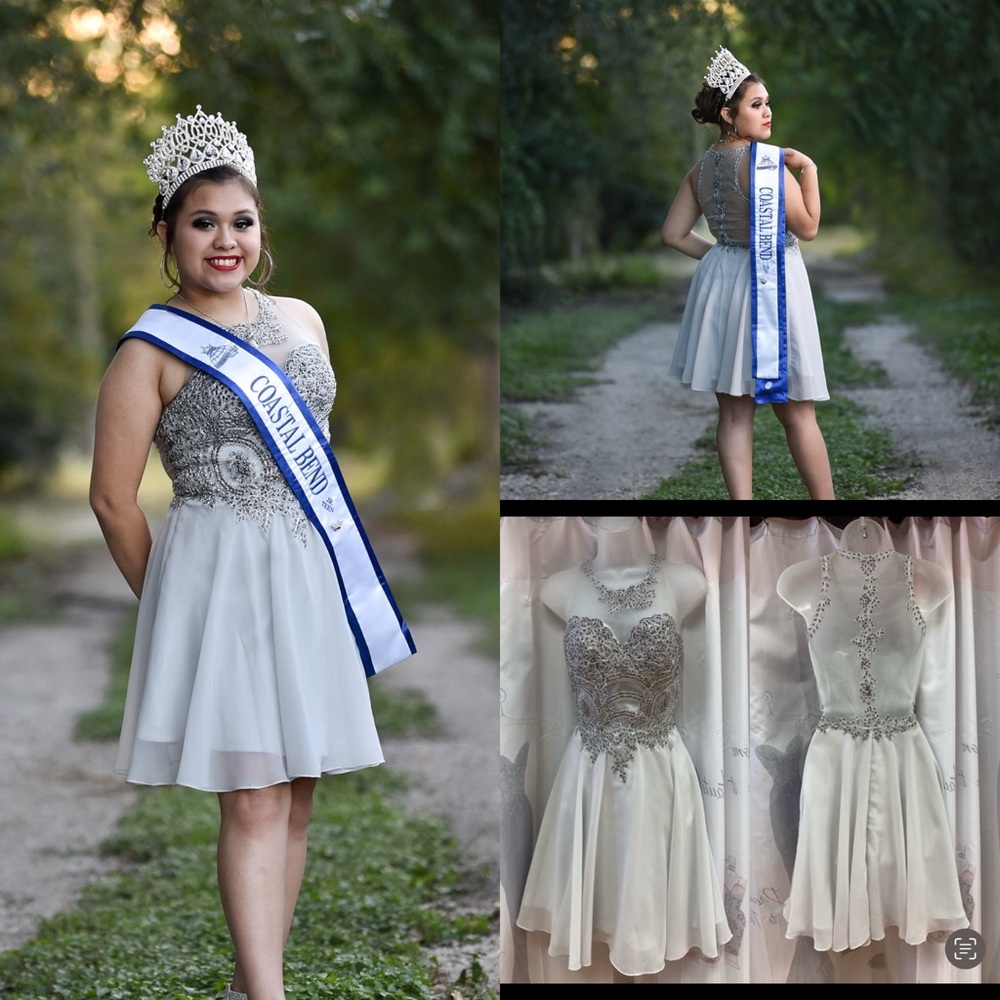 Elegant White and Silver Pageant Dress